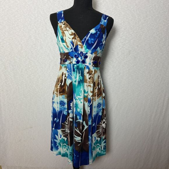 Bisou Bisou Michele Bohbot Floral Empire‑Waist Dress Women’s Size 8 Blue Teal - Picture 1 of 5